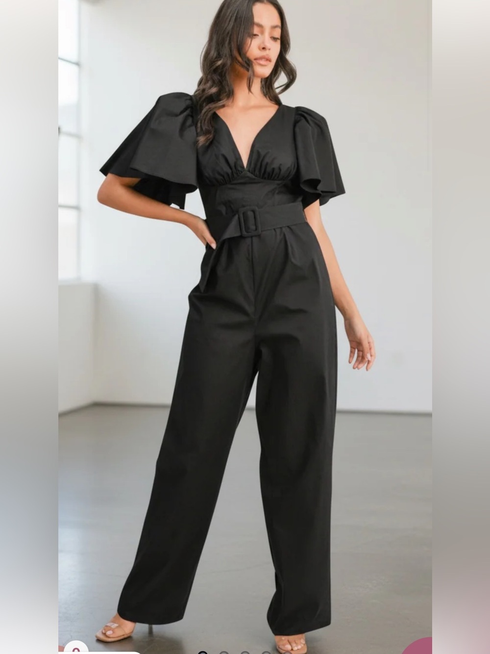 Women's Black Puff-Sleeve Belted Jumpsuit